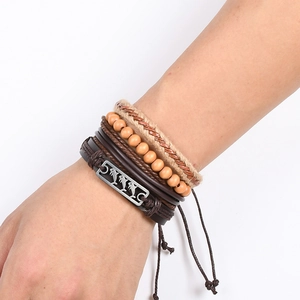 Four-piece ocean style dolphin alloy set with woven leather and wooden beads bracelet