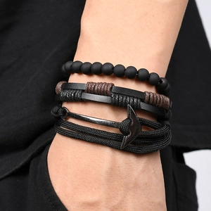 Vintage multilayer anchor leather bracelet set with matte beads and braided cords for men