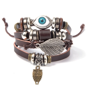 Bracciale multistrato in pelle con perline turchesi, ciondolo a civetta e occhio greco