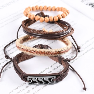 Bohemian style 4-piece dolphin charm leather and wood bead bracelet set for men