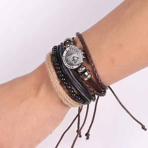 Men's retro multilayer braided leather bracelet with heart poker alloy charm