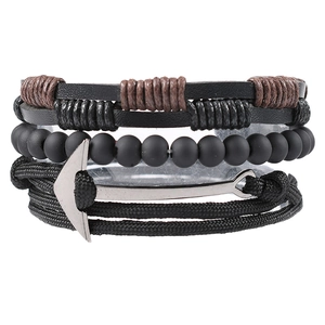 Vintage Men Multi-layer Cowhide Bracelet Set Retro Nautical Alloy Anchor Braided Rope Handmade Bead Charm Wristband Jewelry