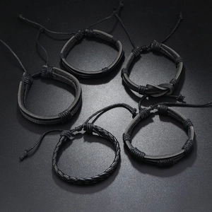 Five-piece set of retro black cowhide leather bracelets for men and women with adjustable cords
