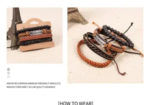 Detailed view of multilayer leather bracelet set with Believe engraved metal plate and beads