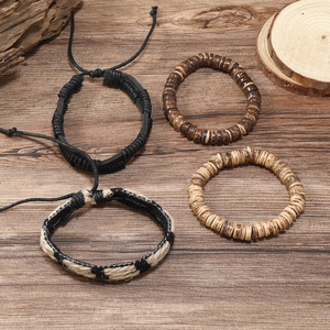 Ensemble de bracelets rétro pour hommes en cuir tressé et perles de bois naturel