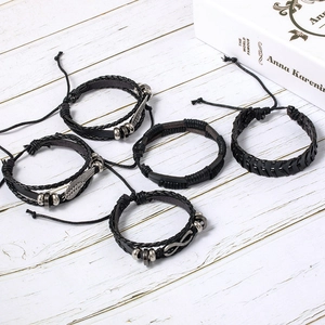 5-piece vintage black woven leather bracelet set with silver wing and infinity charms