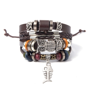 Bracciale multistrato in pelle con gufo turchese e perline in stile bohémien