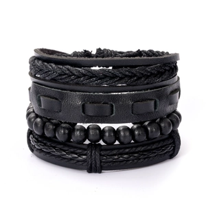 Men Vintage Black Multi-layer Leather Bracelet Set Hand-woven Punk Minimalist Bead Bracelet Adjustable Retro Wristband Jewelry Accessory Gift