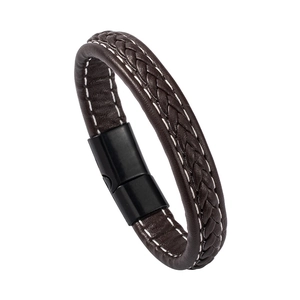 Bracelet minimaliste en cuir PU tressé marron avec surpiqûres et fermoir magnétique mat