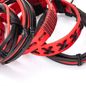 Handmade multilayer red and black braided leather bracelet set for hip hop streetwear style