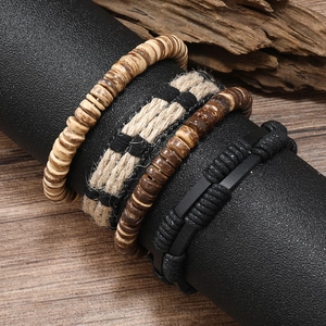Ensemble de bracelets multicouches pour hommes en cuir tressé et perles de bois marron
