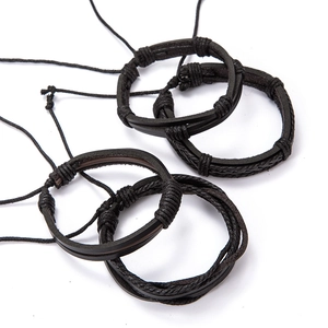 Lot de quatre bracelets en cuir tressé noir faits main avec cordon de serrage réglable