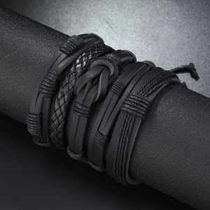 Retro multi-layered black cowhide leather braided bracelet for men and women