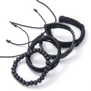 Minimalist black braided leather and bead bracelet set for men, four-piece multilayer jewelry