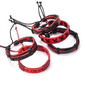 Five-piece handmade red and black woven leather bracelet set for hip-hop style