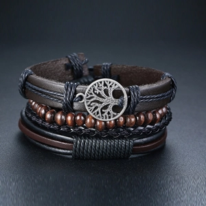 Bracelet Vintage en Cuir de Vache Alliage Perle de Bois Tissé pour Hommes Arbre de Vie Multicouche Cordon Ethnique Bijoux