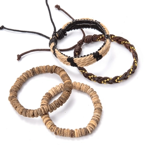 Bohemian multi-layer bracelet set with coconut beads and braided hemp rope in retro style