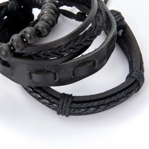 Multilayer black leather wrap bracelet set with wooden beads and woven ropes