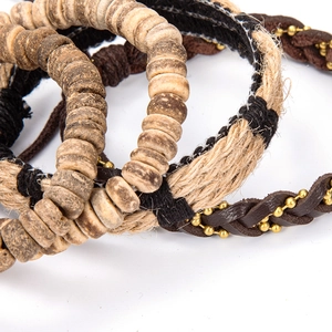 Bohemian multi-layer bracelet set with coconut beads, hemp rope and braided leather