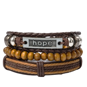 Vintage Handmade Multilayer Leather Bracelet Set For Men Women Hope Letter Alloy Metal Wood Beads Boho Jewelry