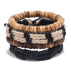 Bracelet Tressé en Cuir Vintage pour Homme Fait à la Main Brun Coque de Noix de Coco Bois Perles Multicouche Bijoux Ethniques