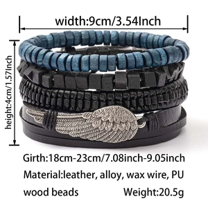 Detail view of four-piece layered men's leather bracelets with feather charm and wood beads