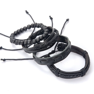 Men's minimalist multi-layer black braided leather bracelet set with wooden beads
