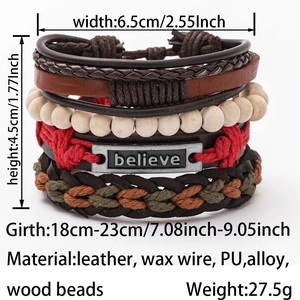 Detail view of multilayer leather bracelet set showing size parameters and believe charm