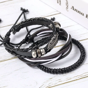 Vintage multilayer black leather bracelet set with silver beads and feather charm