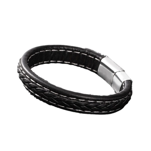 Bracelet minimaliste pour homme en cuir noir tressé avec un fermoir magnétique argenté