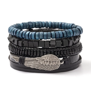 Men Vintage Braided Leather Bracelet With Feather Wing Alloy Pendant And Wood Beads Adjustable Hand Jewelry
