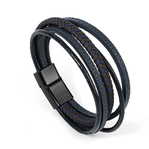 Bracelet Multicouche en Cuir de Vachette Tressé pour Homme Avec Fermoir Magnétique en Alliage Style Punk Vintage Bijoux