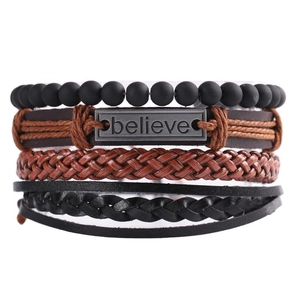 Vintage Punk Multilayer Leather Braided Bracelet Set For Men Women Believe Letter Metal Plate Alloy Wood Bead Hand Jewelry Gift