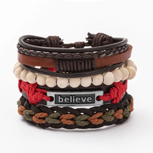 Retro Bohemian Men Handwoven Leather Bracelets Believe Letter Alloy Metal Plate Wood Beads Cord Wrap Adjustable Bangles Jewelry
