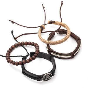 Men's Tree of Life multilayer bracelet set with wood beads and brown braided leather