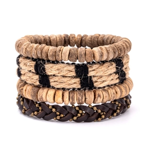 Bohemian multilayer bracelet set featuring coconut beads, hemp rope and braided leather wrap