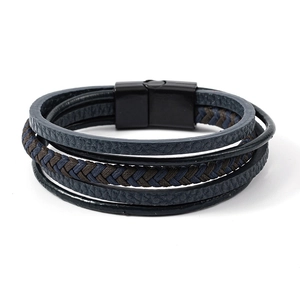 Bracelet multicouche en cuir pour hommes avec cordes en fibres bleues et fermoir magnétique