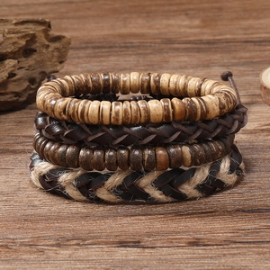 Ensemble de Bracelets en Cuir Tressé pour Hommes Rétro Ethnique Multicouche Perles Cuir de Vache Corde de Chanvre Bijoux Faits Main
