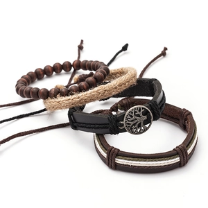 Handmade woven Tree of Life leather bracelet set with wooden beads in ethnic style