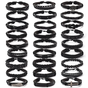 Men Vintage Black Woven Leather Bracelet Combination Retro Braided Cord Handmade Punk Adjustable Charms Jewelry Gift