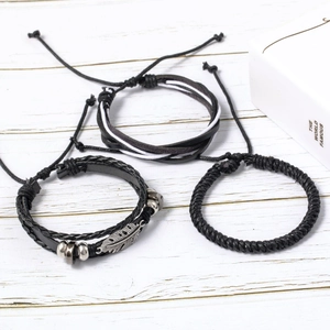Men's vintage braided black leather bracelet set with feather charm and beads