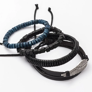 Men's 4-piece vintage bracelet set with black woven leather, blue wood beads and silver wing