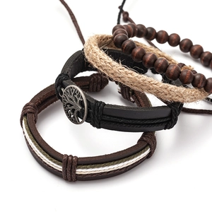 Handmade Tree of Life multilayer leather bracelet set with wooden beads and woven rope