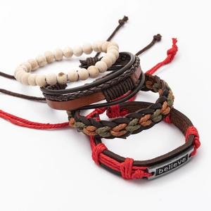 Men's retro layered leather bracelet set with woven straps and believe engraved metal plate