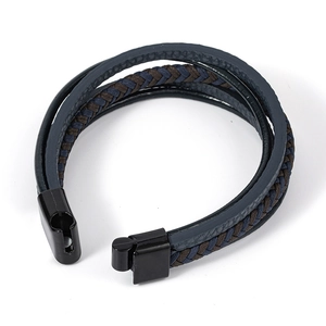 Bracelet multicouche pour hommes en cuir bleu foncé tressé avec fermoir magnétique noir