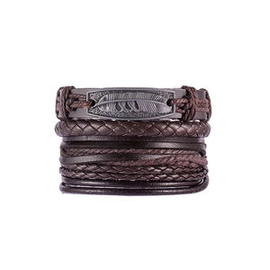 Retro multilayer leather bracelet set for men featuring a metallic feather charm and weaving