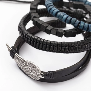 Men's retro multi-layer bracelet set with black woven leather, wooden beads and feather charm