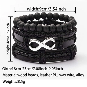 Detail showing dimensions and materials of this layered infinity leather bracelet