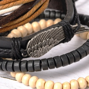 Multilayer leather bracelet set with engraved metal feather charm and wooden beads