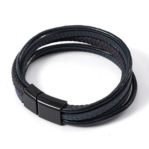 Bracelet multicouche en cuir pour homme avec cordons bleu marine et fermoir magnétique noir
